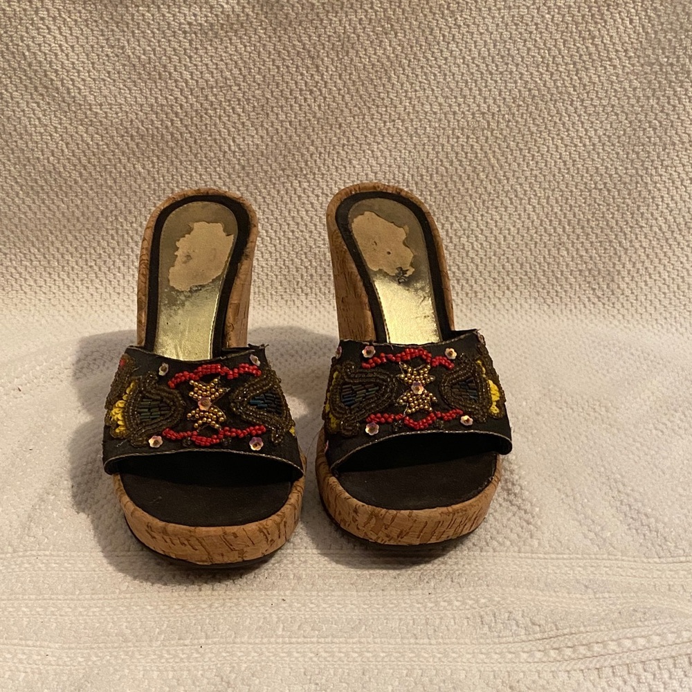 Embroidered Black and Gold Women's Wedge Sandals
